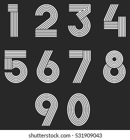 Numbers set hipster, parallel offset thin  intersection lines style idea numerals typography design element for wedding invitation, mathematics logo symbols mockup.