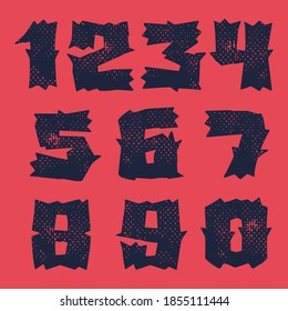 Números ajustados en estilo de horror con textura gruesa. Plantilla de tipo vectorial para tu temible identidad corporativa, emblema de circo, afiches de halloween, diseño de estilo occidental, etc. 