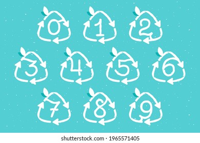 Numbers set inside reuse sign in grunge linear style. Flat design of recycling symbol and leaves for your upcoming eco-friendly and zero waste projects. 