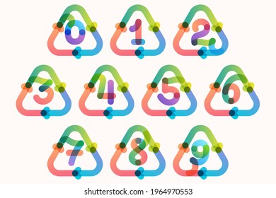 Numbers set inside triangular shaped recycling symbol with arrows. Colorful gradient overlay emblem for your eco-friendly Illustrations, and plastic free living and zero waste projects. 
