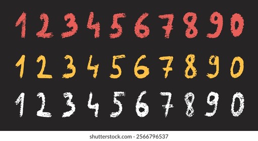 Numbers set isolated on dark background. Children vector colorful crayon chalk drawn illustration.