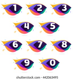 Numbers set logo in peacock feather icon. Colorful vector design for banner, presentation, web page, app icon, card, labels or posters.