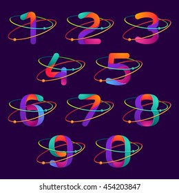 Numbers set logos with atoms orbits lines. Bright vector design for science, biology, physics, chemistry company.