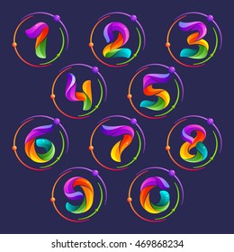 Numbers set logos with atoms orbits. Bright color vector design for your science, biology, physics, chemistry company. 