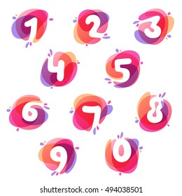 Numbers set logos at colorful watercolor splash background. Vector elements for posters, t-shirts and cards.