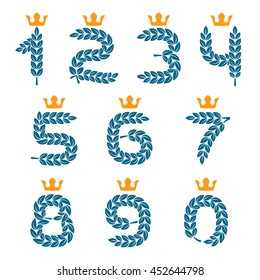 Numbers set logos formed by laurel wreath with crown. Vector design for banner, presentation, web page, card, labels or posters.