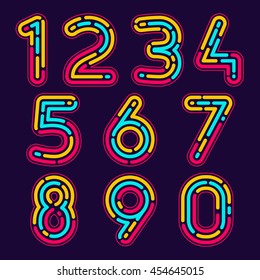 Numbers set logos formed by neon line or fingerprint. Vector design for banner, presentation, web page, card, labels or posters.