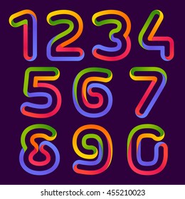 Numbers set logos formed by colorful neon line. Vector design for banner, presentation, web page, card, labels or posters.