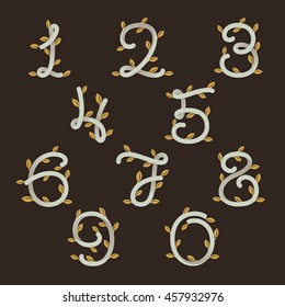Numbers set logos with gold leaves. Retro vector design for banner, presentation, web page, app icon, card, labels or posters.