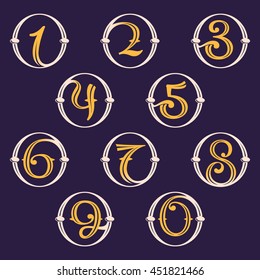 Numbers set logos in golden vintage circle. Luxury vector design for banner, presentation, web page, card, labels or posters.