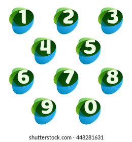 Numbers set logos in green leaves and blue drops. Colorful vector design for banner, presentation, web page, app icon, card, labels or posters.