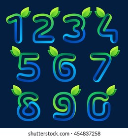 Numbers set logos with green leaves. Vector design template elements for ecology application, presentation, web page, card.