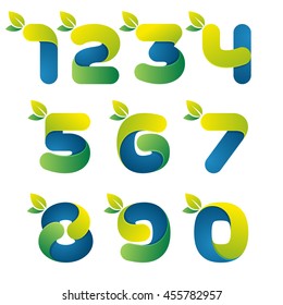 Numbers set logos with green leaves. Vector design for ecology company, card, labels or posters.