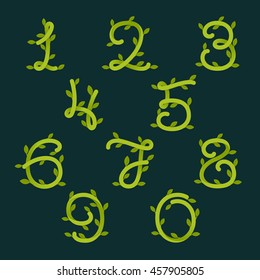 Numbers set logos with green leaves. Ecology vector design for banner, presentation, web page, app icon, card, labels or posters.