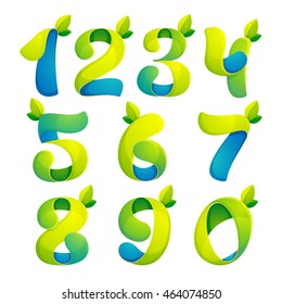 Numbers set logos with green leaves. Vector design for banner, presentation, web page, card, labels or posters.