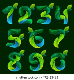 Numbers set logos with green leaves and water waves. Vector elements for ecology banner, presentation, web page, card, labels or posters.
