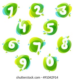 Numbers set logos at green watercolor splash background. Vector elements for posters, t-shirts, ecology presentation or card.