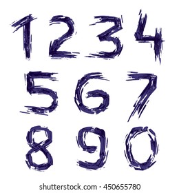 Numbers set logos hand drawn with dry brush. Rough strokes style.  Vector grunge style design elements for T-shirt, label, badge, card or poster.