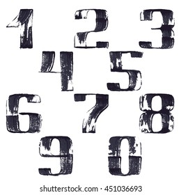 Numbers set logos hand drawn with dry brush. Vector grunge style design elements for T-shirt, label, badge, card or poster.