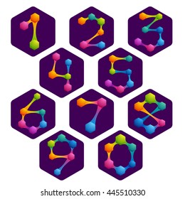 Numbers set logos with Hexagon and lines. Bright color vector design for your science, biology, physics, chemistry company. Icon for banner, presentation, web page, app icon, card, labels or posters.