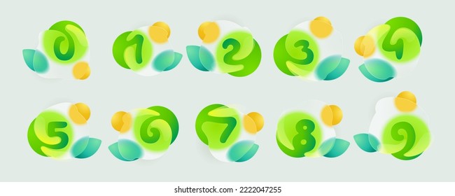 Numbers set logos in round splashes with green leaves and sun. Realistic glassmorphism style translucent icon. Environment friendly negative space emblem for agriculture advertising, and healthy food.