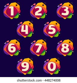 Numbers set logos in Sale tag, heart and splashes on black. Colorful vector design for banner, presentation, web page, app icon, card, labels or posters.