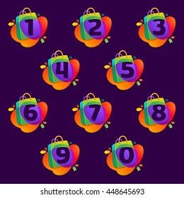 Numbers set logos in shopping bag icon and Sale tag on black. Colorful vector design for banner, presentation, web page, app icon, card, labels or posters.