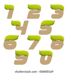 Numbers set logos with speed green leaves. Ecology vector design for banner, presentation, card, labels or posters.