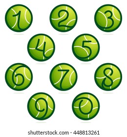 Numbers set logos with tennis ball. Sport vector design for banner, presentation, web page, card, labels or posters.