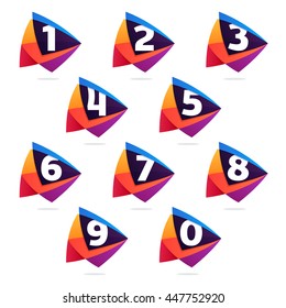 Numbers set logos in triangle Play button icon. Colorful vector design for banner, presentation, web page, app icon, card, labels or posters.