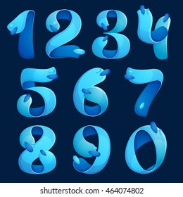 Numbers set logos with water waves and drops. Vector design for banner, presentation, web page, card, labels or posters.