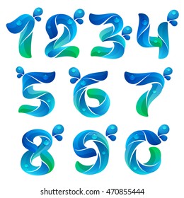 Numbers set logos with water waves and drops. Vector elements for ecology banner, presentation, web page, card, labels or posters.