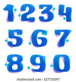 Numbers set logos with watercolor splashes. Color overlay style. Vector ecology typeface for labels, headlines, posters, cards etc.