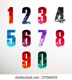 Numbers set in low poly style in different vibrant colors. Vector illustration.