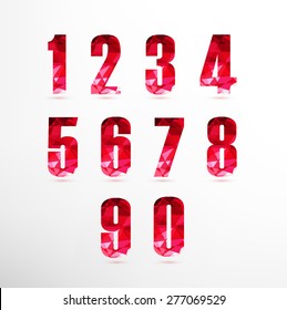 Numbers set in low poly style in red color. Vector illustration.