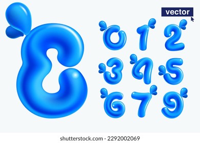 Numbers set made of blue clear water and dew drops. 3D realistic plastic cartoon balloon style. Glossy vector illustration. Perfect for eco-friendly banners, vibrant emblem, healthy food art.
