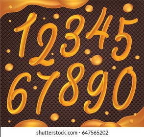 Numbers set made of caramel, liquid and glossy. 