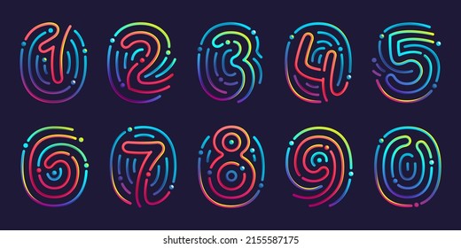 Numbers set made of fingerprint. Multicolor line icon with vivid gradients and shine. Perfect for online payment art, biometric design, nightlife advertising, digital packaging, modern identity.