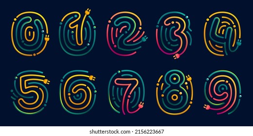 Numbers set made of fingerprint with plug. Colorful cable icons with vivid gradients and lines. Perfect for energy design, accessories advertising, gadget packaging, electric identity.