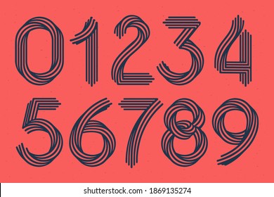 Numbers set made of five parallel lines with noise texture. Impossible shape logos. Vector vintage font for boutique labels, chic headlines, jewelry posters, wedding cards etc. svg