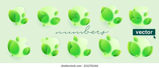Numbers set made of green leaves under mate glass. Realistic Glassmorphism style. Vector blurry translucent icon. Transparent emblem perfect for eco advertising, waste recycling logo, healthy food.