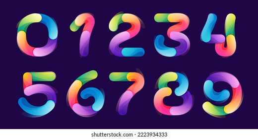 Numbers set made of overlapping colorful lines. Rainbow vivid gradient modern icons. Vector one line typeface for tech branding design, nightlife labels, multimedia posters, futuristic identity etc.