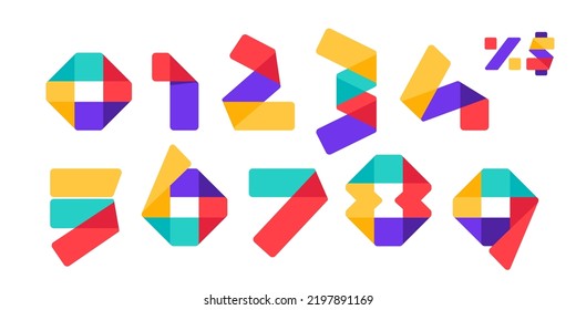 Numbers set made of overlapping lines. Vector paper multicolor origami style icons. Perfect for colorful applique art, children design, vibrant advertising, mosaic packaging, multimedia identity.