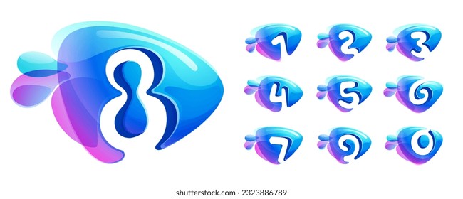 Numbers set made of spring water and dew drops. Environment friendly initials. Pure eco logos in overlapping watercolor style. 3D realistic icons in round triangle arrow shapes. Vector play buttons.