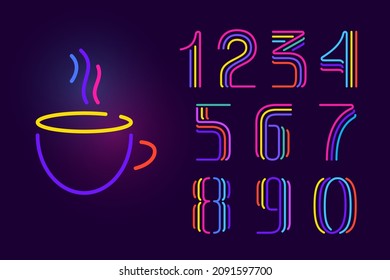 Numbers set is made of three neon lines. Vector font with glowing effect. Perfect for casino identity, vivid emblem, sale banner, and futuristic posters. 