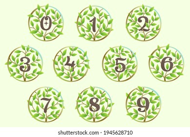 Numbers set made of twisted tree branches and green leaves in circle. Ecology vector font for vegan logo, botanical identity, creative t-shirts, organic merchandise.