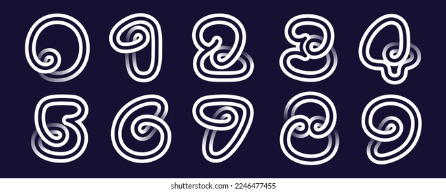 Numbers set made of two white parallel lines on black background. Infinite loop icons. Overlapping elegant emblems. Ideal for dynamic app, minimalism design, sports identity, technology adv.
