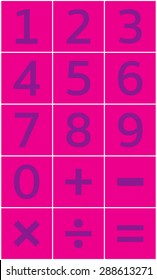 Numbers set and mathematical signs of addition, subtraction, multiplication, division, equality. Vector illustration.