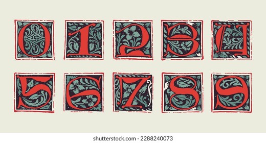 Numbers set of medieval gothic initials. Blackletter style drop cap logos. Dim colored square shaped illuminated calligraphy. Perfect for Middle Ages poster, vintage identity, historical items.