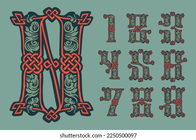 Numbers set in medieval knots lines style. Dim colored drop cap. Engraved barbarian emblem. Vintage illuminated initials. Perfect for vintage premium identity, Celtic posters, luxury packaging.